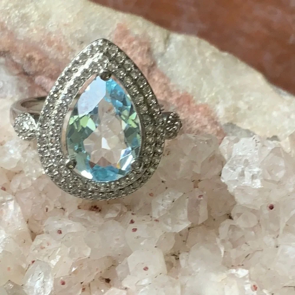 SKY BLUE TOPAZ & CUBIC ZIRCONIA 925 STERLING SILVER RING, SIZE 6.5 - Picture 6 of 8